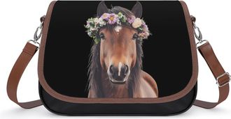 Generic Horse Animal with Flower Crossbody Bag Womens Handbag PU Message Bags Shoulder Purse with Adjustable Strap