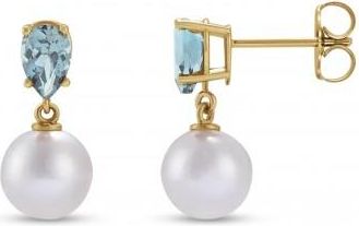 Allurez Natural Aquamarine & White Akoya Pearl Drop Earrings 14K Yellow Gold (0.35ct)