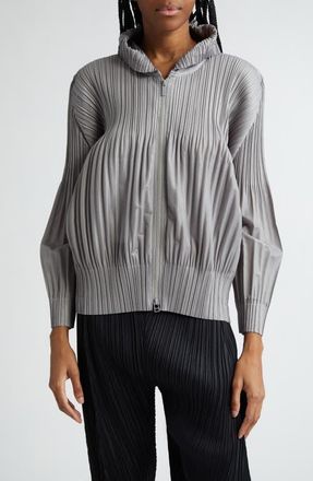 Pleats Please Issey Miyake Pleated Zip Front Hoodie in Cool Gray at Nordstrom, Size 3