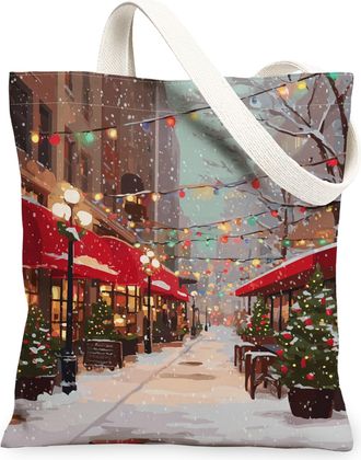 Generic Winter Vintage Canvas Tote Bags, Colorful Street Scene Reusable Grocery Bags, Lightweight Washable Shoulder Strap for Trave, Multicolor, 13x15 Inch
