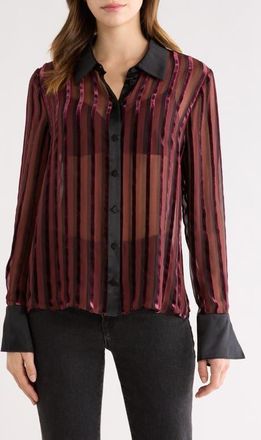 Paige Mazzy Velvet Stripe Sheer Silk Blend Shirt in Aubergine/Black at Nordstrom, Size X-Small