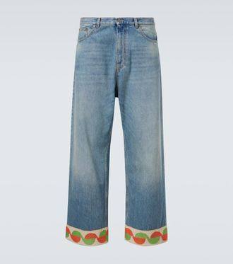 Valentino Jacquard-trimmed wide-leg jeans