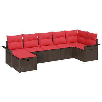 vidaXL Conjunto De Sof&aacute; De Jard&iacute;n 7 Pcs Marr&oacute;n Y Rojo Rat&aacute;n Sint&eacute;tico Vidaxl