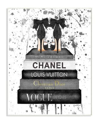 Stupell Industries Glam Fashion Book Stack Grey Bow Pump Heels Ink