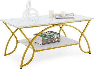 Costway Costway Moderna Mesa De Centro De Imitaci&oacute;n De M&aacute;rmol, 2 Niveles Con Marco De Metal Acabado En Oro, Elegante Mesa Auxiliar Con Estante Para Almacenami