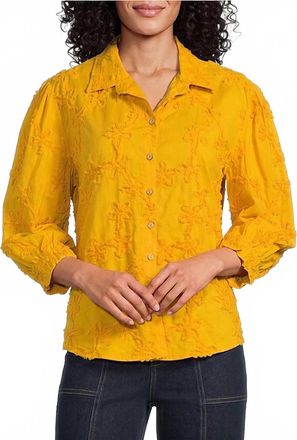 Multiples Woven Stripe Point Collar 3/4 Sleeve Shirt In Yellow