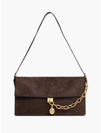 Tommy Hilfiger Womens Chain Accent Monogram Suede Shoulder Bag - Fondant Brown