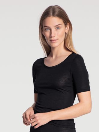 CALIDA Kurzarmshirt CALIDA True Confidence, Damen, Gr. M (44/46), schwarz, Rippware, Obermaterial: 70% Schurwolle, 30% Seide, unifarben, Basic h&uuml;ftbedeckend,