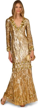 Adrianna Papell Womens Aidan Beaded Mesh Long Dress - Gold - Size 8 UK