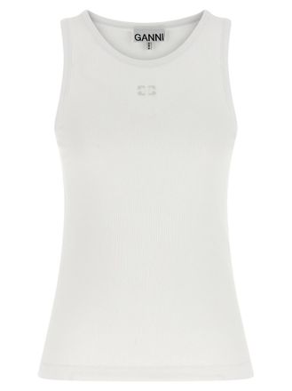 Ganni White Logo Round Neck Top