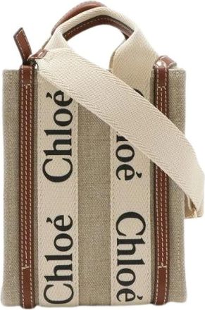 Chlo&eacute; Pre-owned Tote Bags, female, Beige, Size: ONE SIZE Pre-owned Woody Linen Canvas 2way Tote Bag
