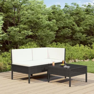 vidaXL Set De Muebles De Jard&iacute;n 3 Pzas Y Cojines Rat&aacute;n Sint&eacute;tico Negro Vidaxl