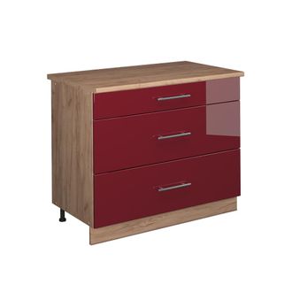 Vicco Mueble Bajo De Cocina Fame-line, Rojo Burdeos Alto Brillo/roble Dorado, 100 Cm, Et Roble, Vicco