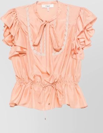 Chlo&eacute; silk ruffled lace-trim sleeveless pussy-bow peplum blouse
