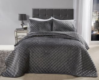 TJ Hughes Regent Quilted Soft Touch Velvet Bedspread Set in Silver - TJ Hughes