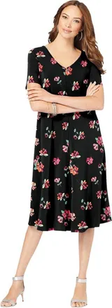 Roaman's Plus Size Short Sleeve Sleeve Swing Dress in Black Brushed Flowers at Nordstrom, Size 44