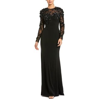 Mac Duggal Jersey Long Sleeve Fitted Gown With Floral Beading in Black at Nordstrom, Size 14