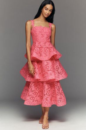 Mac Duggal Leena Tiered Lace Square-Neck Midi Dress