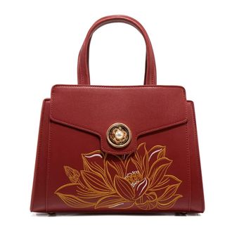 Generic Womens Leather Handbag with Lotus Embroidery, Red, Pearl Button Closure, Top Handle Bag
