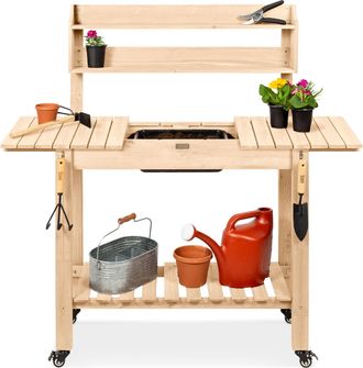 Best Choice Products Wood Garden Potting Bench Workstation Table w/ Sliding Tabletop, 4 Locking Wheels, Dry Sink