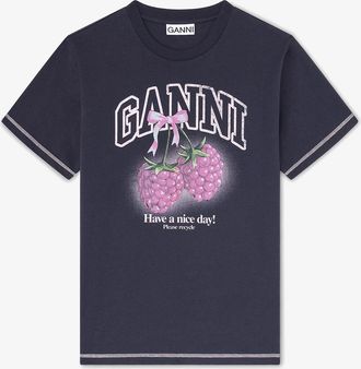 Ganni Mixed T-shirt with Raspberries - Size XXS Organic Cotton