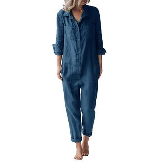 Generic Womens Cotton Linen Fashion Casual Loose Lapel Long Sleeve Button with Pockets Jumpsuit Sparkly Jumpsuit for Women Plus Size (Blue, M)