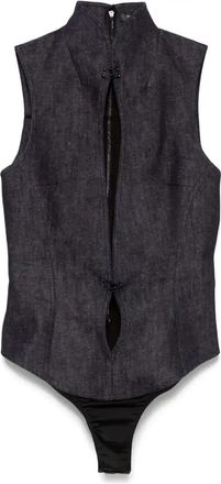 MUGLER Cut-Out Denim Playsuit - Womens - Cotton/Elastane