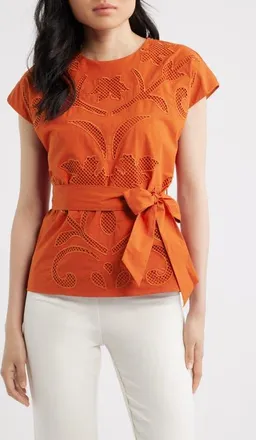 Elie Tahari The Camila Lace Detail Cotton Top in Moroccan Red at Nordstrom, Size X-Small