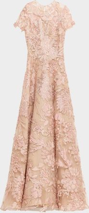 Naeem Khan Floral Raffia Embroidered Tulle Short-Sleeve Gown