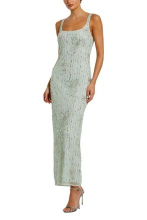 Mac Duggal Beaded Mesh Scoop Neck Ankle Dress With Bows in Seafoam at Nordstrom, Size 12