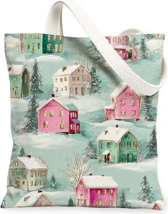 Generic Winter House Pattern Canvas Tote Bags, Stylish Floral Design Reusable Grocery Bags, Lightweight Washable Shoulder Strap Can, Pastel, 13x15 Inch