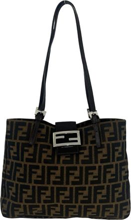 Fendi Black Brown Canvas Leather Shoulder Bag Tote Bag (Pre-Owned)