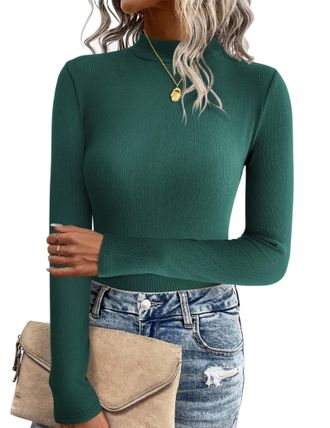 Zeagoo Long Sleeve Tops Women Jumpers Turtleneck Sweaters Slim Fit Shirts Tops Casual Lightweight Jumper Knitted Sweater Lightweight Jumpers Dark Green XXL