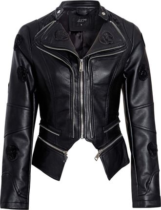 SS7 Womens Faux Leather Skull Biker Jacket Black