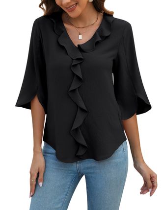 Blooming Jelly Womens Dressy Casual Blouses 3/4 Sleeve V Neck Ruffle Tops Business Ladies Summer 2025 Trendy Work Shirt, Black, XL