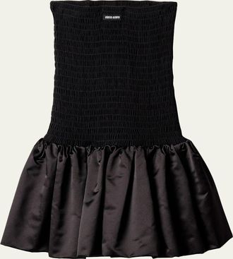 Miu Miu Strapless Smocked Silk Ruffle Mini Dress