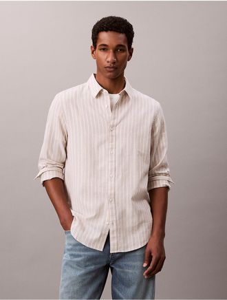 Calvin Klein Mens Linen Cotton Stripe Classic Button-Down Shirt - Light/Pastel Brown - L