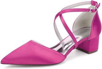 Generic Women Satin Chunky Bridal Shoes Low Wedding Heels Cross Strappy Wedding Evening Dress Shoes Pumps 4.5Cm,Fuchsia,10 UK