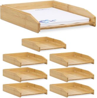 Relaxdays 8 Bandejas De Correo, Apilables, Din A4, Organizadores De Escritorio, Bamb&uacute;, 6 X 25 X 33 Cm, Marr&oacute;n Natural