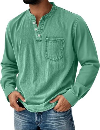 Generic Mens Shirts Henley Shirts for Men Water Washed Long Sleeve Rugby Polo Shirt Casual Distressed V Neck Pullover Sweatshirts Pocket Mint Green 5X-Large