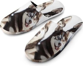 Generic Siberian Huskies Dogs Flannel Mens Slip-on Slippers Winter Warm House Shoes with Rubber Sole for Home Hotel