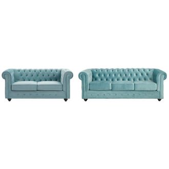 Vente-Unique Vente-unique - Divano 3 posti e 2 posti in Velluto Blu pastello - chesterfield