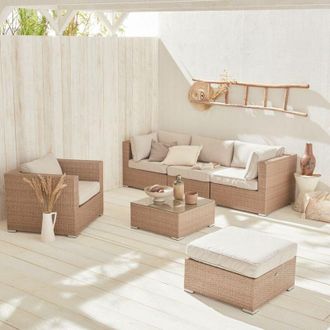 Sweeek 5-seater woven resin garden furniture set, Caligari, Beige, 234x82x67 cm