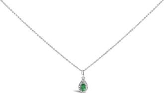 House of Brilliance 10K White Gold 5x3mm Green Emerald and Diamond Accent Halo Pear Shape Pendant Necklace