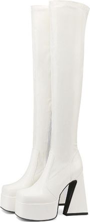 Generic Womens Chunky High Heel Platform Boot Square Toe Thigh High Boots PU Leather Over The Knee Boots with Side Zipper,White,2.5 UK