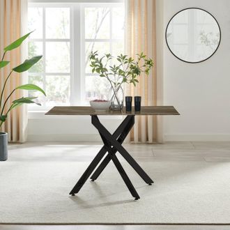 Furniturebox Leonardo 4-Seater Dining Table With Marble Effect Glass Top & Black Metal Legs in Dark Brown