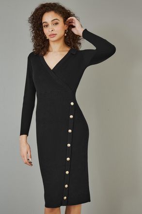Yumi Womens Black Knitted Midi Dress With Asymmetric Button Details - Size Small