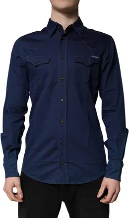 Dolce & Gabbana Dark Blue Cotton GOLD Dress Formal Mens Shirt (Pre-Owned)