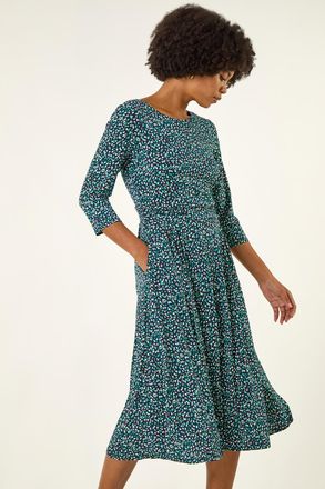 Roman Abstract Print Gathered Stretch Midi Dress