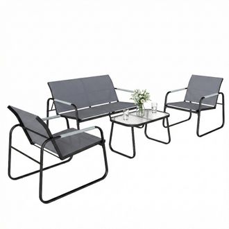 OUTSUNNY Conjunto De Jard&iacute;n Exterior De 4 Piezas Con 1 Sof&aacute; De 2 Plazas, 2 Sillones Y Mesa De Vidrio Templado, Textilene Transpirable, Gris